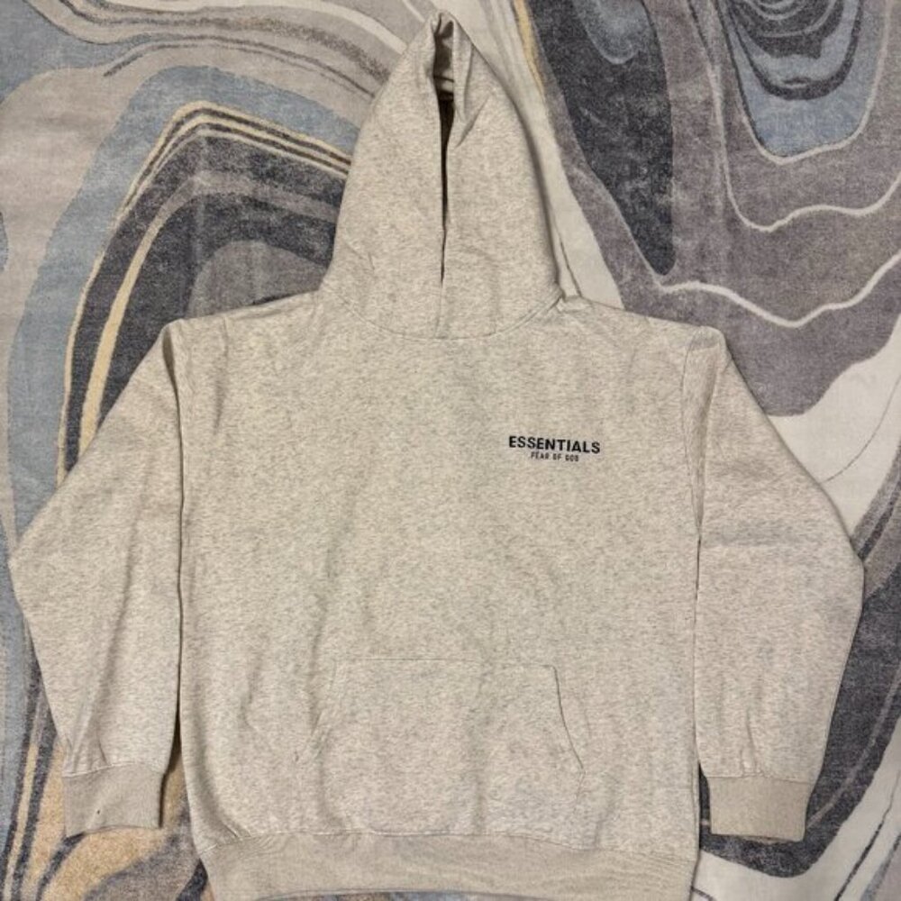 Fear of God Light Oatmeal Essentials Pullover Chest Logo Hoodie Mens Large